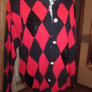 Vintage LA Chapelle Holiday Sweater/Red-Black Argyle Design/Large